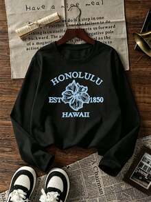 Vintage Hawaiian Honolulu Print Long Sleeve T-Shirt, Hibiscus Retro Pattern Casual Crew Neck Women's Long Sleeve Top - Black - View 3