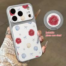 1PC Ins Style Red Rose Shell Flower Bow Pattern Stand Phone Case, Silver Large Window PU Leather Material Compatible With IPhone 17/17 Pro Max/17 Pro/13/16 Pro Max/16/15/14/12 Pro Max/13 Pro Max/11 Pro/14 Pro/15 Pro/12, Fashion Protective Soft Shell, Premium Luxury, Unisex Phone Case Suitable For Friends And Couples Gift - Multicolor - View 3