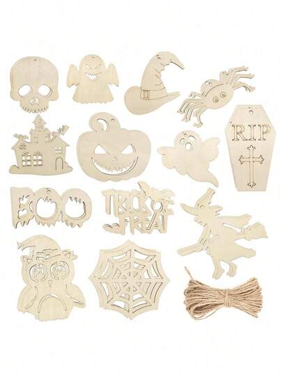 Halloween Wooden Plastic Hanging Cutout Blank DIY Painting Wooden Decor, Paintable Wooden Blanks, Blank Wooden Models For Crafts, Halloween Handmade Craft Kit, Wooden Craft Blanks, Unpainted Wooden Shapes, Wooden Plastic Hanging Decorations Haunted House Owl Coffin Human Sign Shapes, Autumn Halloween Craft Materials, Indoor Fireplace Wreath Decoration