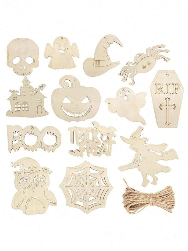Halloween Wooden Plastic Hanging Cutout Blank DIY Painting Wooden Decor, Paintable Wooden Blanks, Blank Wooden Models For Crafts, Halloween Handmade Craft Kit, Wooden Craft Blanks, Unpainted Wooden Shapes, Wooden Plastic Hanging Decorations Haunted House Owl Coffin Human Sign Shapes, Autumn Halloween Craft Materials, Indoor Fireplace Wreath Decoration