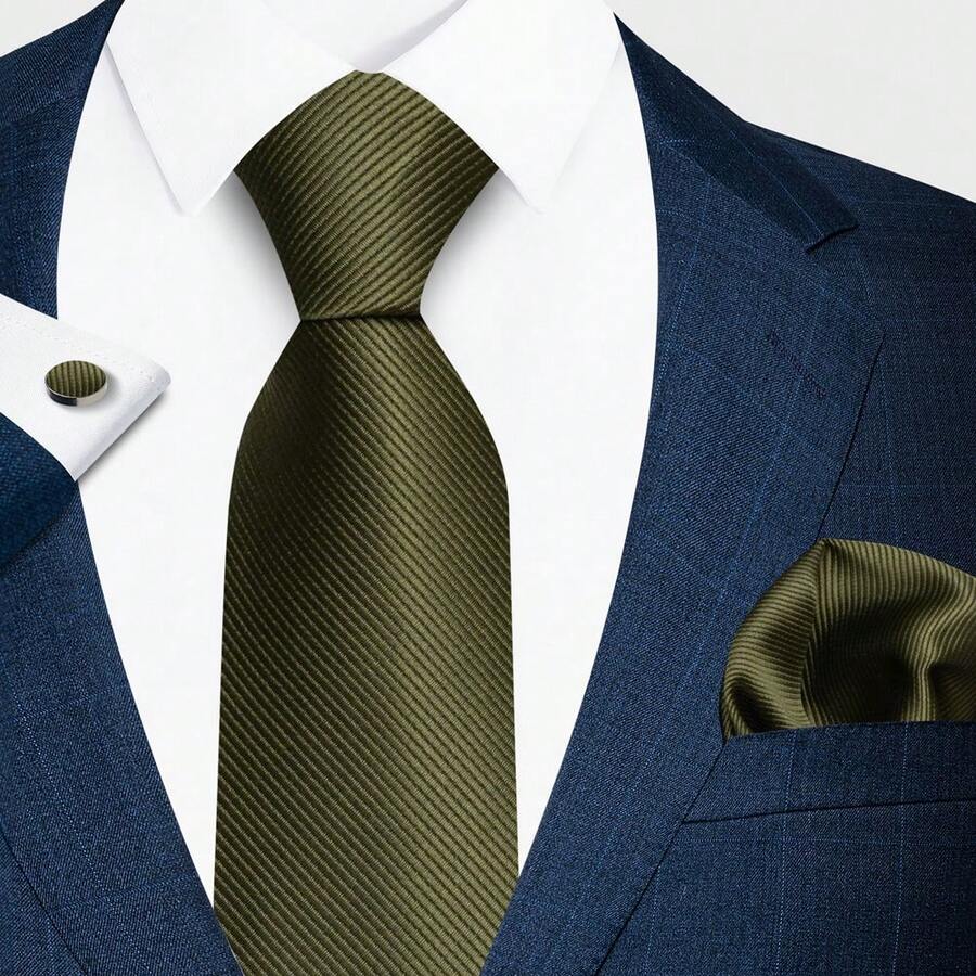 AlanKing Solid Color Men's Tie, Pocket Square And Cufflinks 3-Piece Set, The First Choice For Formal Business, Wedding And Banquet Suit Matching - Multicolor - View 1