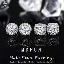 MDFUN 1/2pcs 18K White Gold Plated Round & Square Zirconia Cubic Diamond Halo Stud Earrings - Silver - View 4