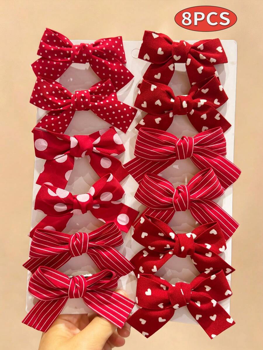 8pcs Girls Cute Red Polka Dot Striped Bow Hair Accessories, Bun, Side Braid, Loose Hair Clips For School, Birthday Party, Back To School (Random Color) - Red - View 1