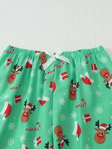 2pcs/Set Comfortable Christmas Reindeer Print Long Sleeve Lapel Top And Bowknot Long Pants Women's Pajama Set - Green - View 6