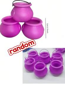 6pcs Halloween Green Mini Cauldron Witch Buckets Candy Jars With Handles, Witch Theme Party Decor, Lightweight Portable Candy Boxes, Reusable "Trick Or Treat" Candy Storage Containers, Black Plastic Witch Cauldron Decor, Suitable For Halloween Party, Home Decor, Autumn Decor And Room Arrangement, Plastic Witch And Pumpkin Bucket Props With Snap Closure, Halloween Decoration, Autumn/Winter Seasonal Decor, Gothic Halloween Gifts, Party Decoration Gifts - Purple - View 5