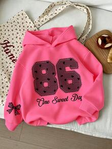 Fashion Street Academy Style Girls Bow & Number Print Hoodie Sweatshirt With Printed Loose Long Pants, 2-Piece Set For Autumn/Winter - Hot Pink - View 5