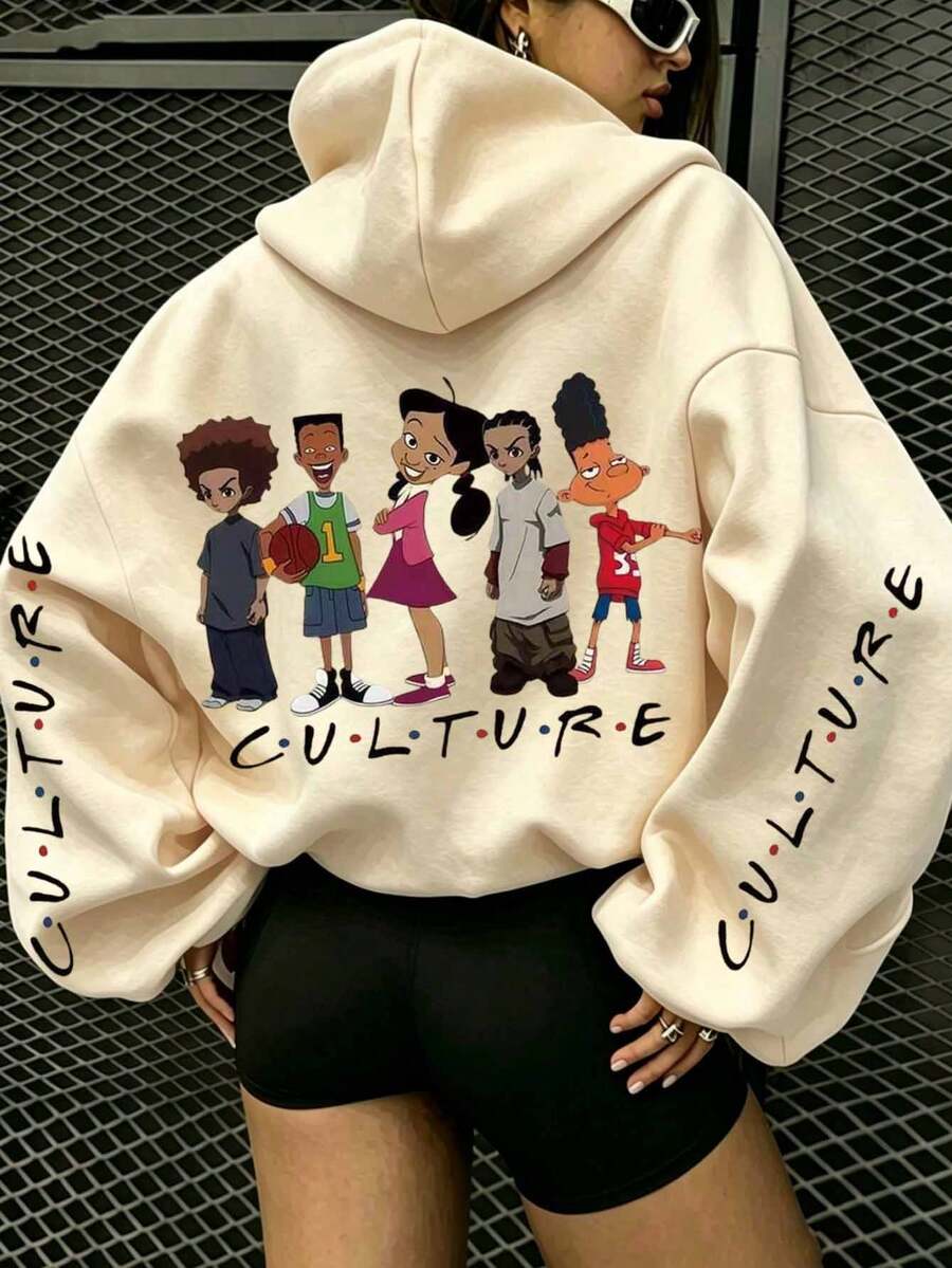 Plus Size Cartoon Slogan Print Thin Sweatshirt, Casual Long Sleeve Sweatshirt For Winter And Autumn, Women's Plus Size Clothing, Suitable For Beach, Vacation, Daily Wear, Party, School Events And Music Festival Occasions - Apricot - View 1