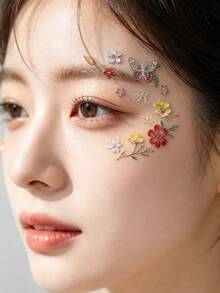 1件裝亮色蝴蝶與花卉臉部彩妝貼紙，3D彩繪蝴蝶、花朵、葉子與字母圖案，易貼易撕，適合拍照、派對、主題造型，臉部氛圍裝飾貼紙 - 彩色 - 查看 3