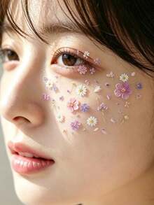 1pc Soft Atmosphere Pink & Purple Floral Face Decoration Sticker, Light-Toned Pink & Purple White Flowers With Delicate Petals, Glue-Free Face Makeup Accessory For Party, Performance, Photography And Facial Styling - Multicolor - View 3