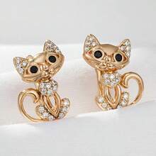 Cute Cat Stud Earrings For Women, Gold Tone Crystal Cat Earrings, Vintage Animal Design Earrings, Kawaii Daily Jewelry Gift - Gold - View 3