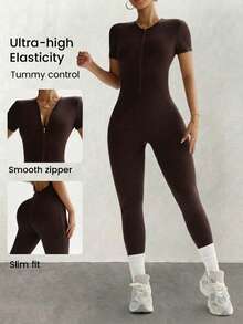 Women's Short Sleeve Front Zipper Backless Sports Jumpsuit, Large Round Hollow Back Fitness One-Piece Pants, Half-Open Zipper Easy To Put On And Take Off, One-Piece 3D Cut Waist-Flattering And Butt-Lifting, Shaping Waist, Hips And Legs, High Elasticity Smooth Skin-Friendly Breathable Fabric, Free Movement And Stretching, One-Piece Design Prevents Shifting And Slipping, No Matching Needed, Suitable For Yoga, Aerobics, Strength Training And Fitness, Hot Girl Style Solid Color Sports Women's Wear, Multi-Scenario Practical Fitness Jumpsuit - Brown - View 1