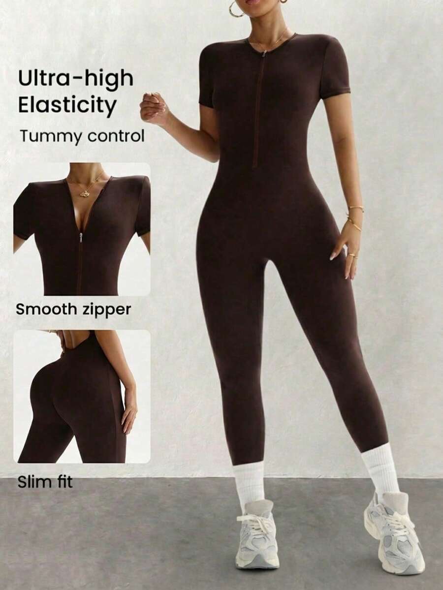Women's Short Sleeve Front Zipper Backless Sports Jumpsuit, Large Round Hollow Back Fitness One-Piece Pants, Half-Open Zipper Easy To Put On And Take Off, One-Piece 3D Cut Waist-Flattering And Butt-Lifting, Shaping Waist, Hips And Legs, High Elasticity Smooth Skin-Friendly Breathable Fabric, Free Movement And Stretching, One-Piece Design Prevents Shifting And Slipping, No Matching Needed, Suitable For Yoga, Aerobics, Strength Training And Fitness, Hot Girl Style Solid Color Sports Women's Wear, Multi-Scenario Practical Fitness Jumpsuit - Brown - View 1