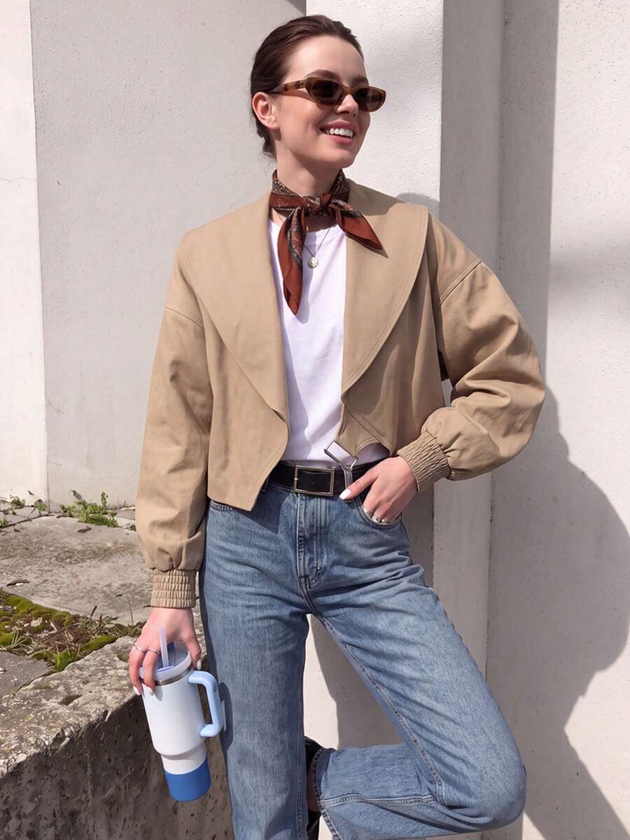 FGGG Solid Color Adjustable Buckle Long Sleeve Wide Collar Loose Short Twill Fabric Khaki Jacket Old Money Style Daily Commute Spring Autumn - Khaki - View 1