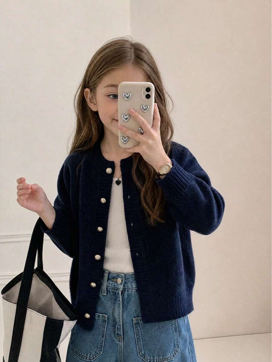 1pc Girls' Chunky Knit Round Neck Sweater, Loose Lantern Long Sleeve, Ribbed Cuffs, Soft All-Match Versatile Style - Blue - View 1