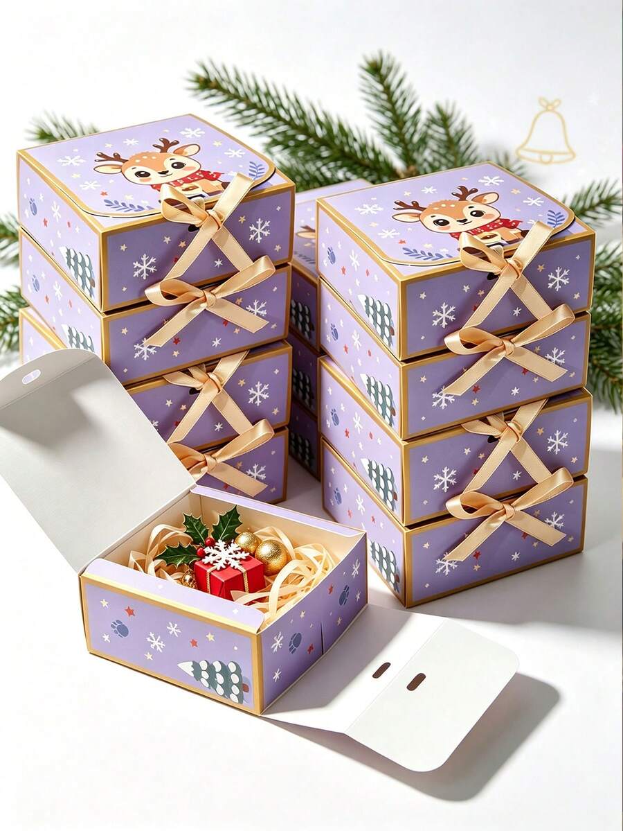 Christmas Gift Boxes With Ribbon, 4.53 * 4.53 * 1.97 In Purple Reindeer Paper Treat Box, Xmas Party Favor Candy Cookie Gift Packaging Box - View 1