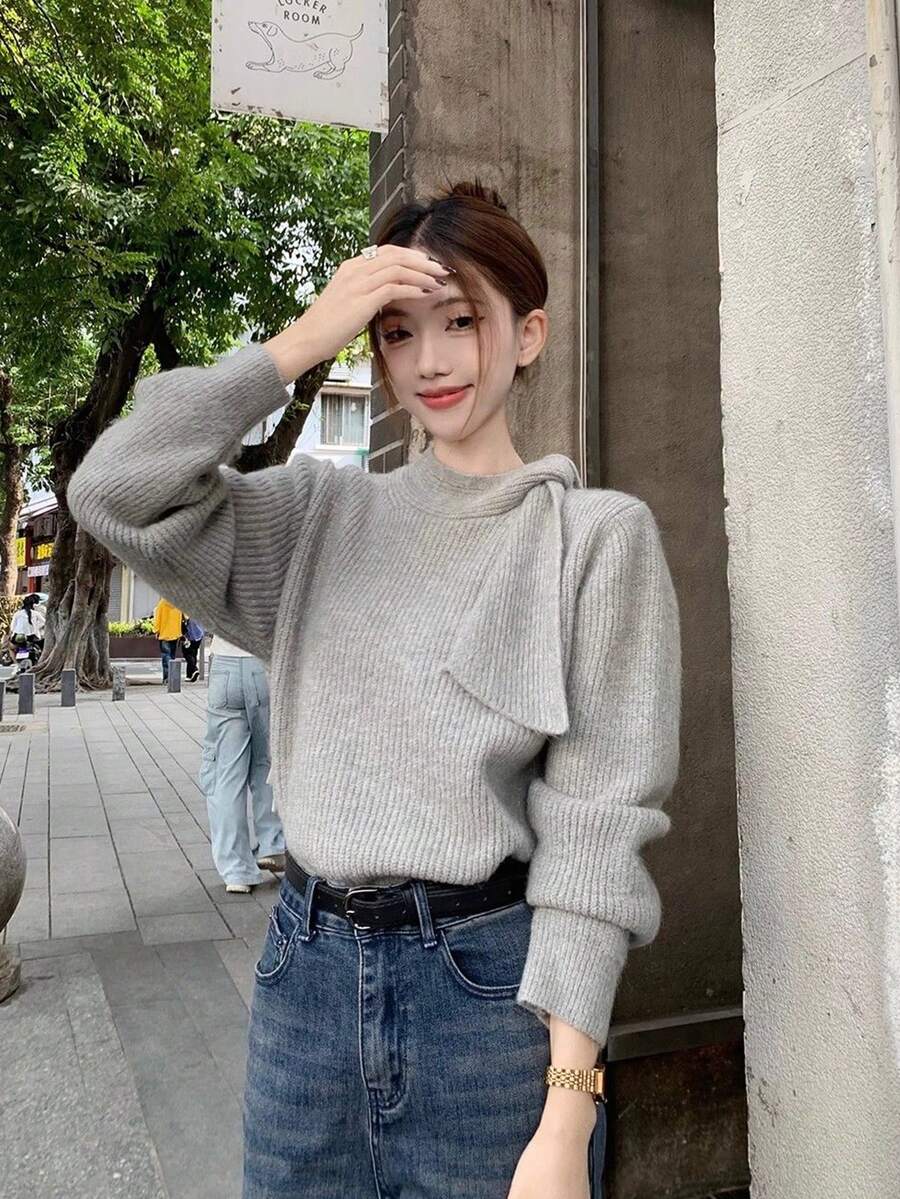 [Y6Y] Sweater Rajut Wanita Kerah Semi-Tinggi dengan Ikatan Depan, Atasan Pullover Lembut & Hangat untuk Musim Gugur/Musim Dingin, Gaya Elegan - Grey - View 1