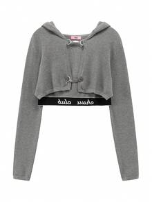 CHUU Letter Patchwork Hooded Knit Cardigan Women's Autumn Sweet Cool Metal Button Long Sleeve Short Jacket - Grey - View 9