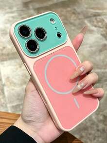 New Fashion Contrast Color Magnetic Wireless Charging Anti‑Fall Phone Case Compatible With IPhone 17 Pro Max 17 Pro 16 15 14 13 Pro Max 15 16 17 13 Rhinestone Camera Large Window Anti‑Drop Soft Phone Case - Pastel Green - View 2