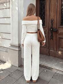 ENGU CO. Y2K Cold Shoulder Fuzzy Fluffy 2 Pieces Set, Long Sleeve Cropped Top + Flare Pants Outfit, Women's Casual Comfortable Matching Set - White - View 5