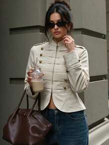 Women's Elegant Double-Breasted Light Khaki Zip Front Napoleon/Military Jacket, Fall Outfit,Country Concert Attire, NapoleonJacket,Gothic Style,Autumn - Khaki - View 3