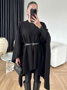 Elegant Women's Long Loose Black Knitted Wool Poncho Cardigan, Long Sleeve Asymmetric Design, Overlapping Collar, Suitable For Autumn/Winter (Belt Not Included) - Black - View 9