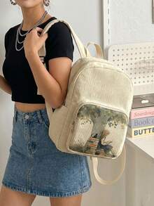 1 Piece Backpack, Women's Mini Backpack, Corduroy Girl School Bag, Travel Storage Bag, Character Printed Design, Large‑Capacity Foldable Easy‑To‑Store Bag, Lightweight & Pressure‑Relieving, Multi‑Pocket Layered Design With Zipper Closure - Reading Girl 3333410 - View 3