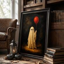 1PC Unframed Vintage Halloween Art Print, Cute Tattered Ghost Holding Red Balloon Dark Moody Background Wall Poster, Halloween Decor Fall Decor Wall Decor Home Decor, Whimsical Spooky Wall Decoration Gift For Halloween Season - Abstract - View 2