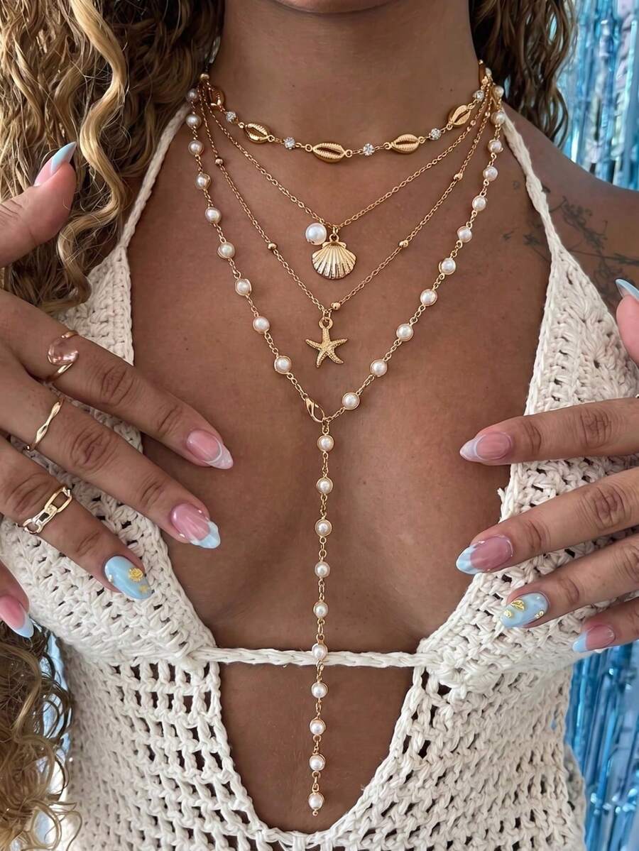 4pcs Summer Vacation Style Starfish Seashell Pearl Layered Necklace Set, Suitable For Travel And Vacation - Multicolor - View 1