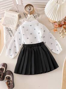 2pcs/Set Girls Toddler Outfit, Simple Casual Style Bow White Shirt And Black Pleated Skirt Set, Spring/Autumn - Black - View 3