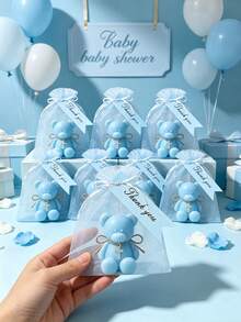 12/6/1 Set - Baptism Gift Set - Blue Teddy Bear Scented Candle Includes Blue Organza Bag And Blue Thank You Tag, DIY Fillable Gift Bag Suitable For Gender Reveal Party, Baby Shower Party Gift, Guest Favor, Christian Baptism, Communion, Church Event, Religious Gift, Ideal Party Favor - Multicolor - View 5