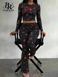 BADDIE REALM 女款 2 件套修身櫻桃印花彈性度假運動休閒套裝 - 彩色 - 查看 8