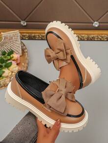 Women's Wedge Heel Thick Sole Loafers With Bow Decor, Fashionable Versatile Slip-On Shoes - Khaki - View 6