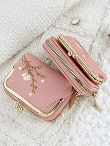 Fashion Floral Embroidered Design, Snap Closure, Compact & Portable, Women's Short Multi-Function Wallet - Pink - View 8