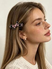 1pc Pink & Black Contrast Heart Rhinestone Bow Hair Clip, Luxury Shiny Women's Party Banquet Daily Styling Side Hair Accessory - Multicolor - View 6