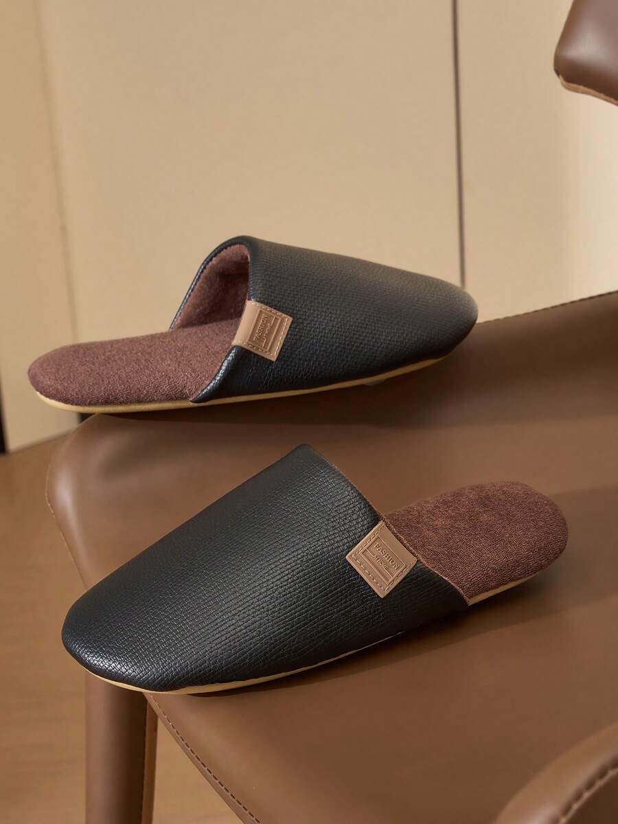 Women's Autumn/Winter Waterproof PU Leather Closed-Toe Slippers, Plush Lining, Lightweight Soft Sole, Breathable, Bedroom Home Floor Slippers - Black - View 1