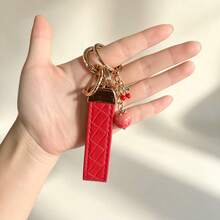1pc Unisex Red Plaid Keychain + Fruit Pendant, Zinc Alloy Minimalist Style PU Leather Rope Key Ring, Suitable For Various Keys And Car Keys, Small Gift For Family And Friends - A - View 2