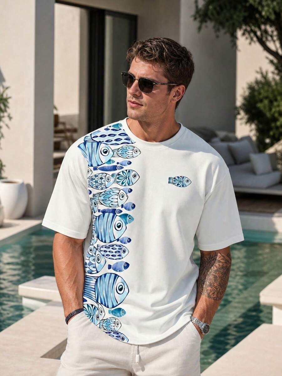 Men's Ocean Fish Print Vacation Style Casual Short Sleeve Top - Multicolor - View 1