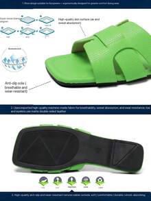 Women's Bright Green Square Toe H Hollow Strap Flat Slip-On Sandals, Soft Sole Easy To Wear, Suitable For Summer Outdoor Beach Daily Casual Women's Slippers - Green - View 4