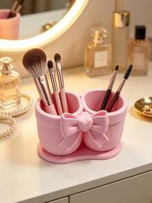 Bowknot Dual-Compartment Makeup Brush & Lipstick Storage Holder, INS Style Makeup Tool Organizer, Large Capacity Multifunctional High-Aesthetic Vanity Desktop Organizer - View 7