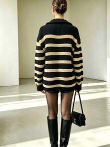 Chic Plus Size Black & Beige Striped Sweater With Zipper Collar, Plus Size Drop Shoulder Long Sleeve Pullover For Women - Black - View 5