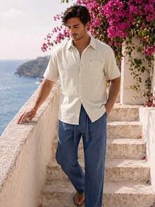 2pcs Apricot Faux Linen Men's Vacation Set, Men's Shirt And Pants Set, Loose Fit, Draping Breathable Long Pants Two Pieces Set, Vacation Style, Machine Washable, Suitable For Beach Vacation Wear. Style Runs Large. Please Size Down For A Better Fit - Multicolor - View 4