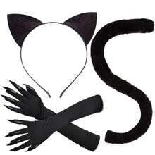 3pcs Cat Ear & Tail Gloves - Black Cat Costume Accessories, Suitable For Women - Halloween Cosplay Adult Props - Multicolor - View 5