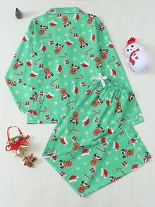 2pcs/Set Comfortable Christmas Reindeer Print Long Sleeve Lapel Top And Bowknot Long Pants Women's Pajama Set - Green - View 2