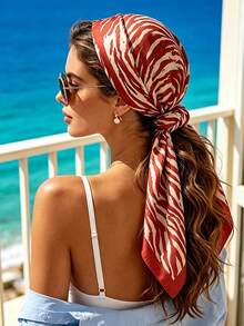 1pc Vintage Red Zebra Print Satin Square Scarf, Soft Smooth Silk Touch, Women's Multi-Functional Fashion Scarf, Suitable For Daily, Party, Holiday Decoration Accessory - Multicolor - View 1