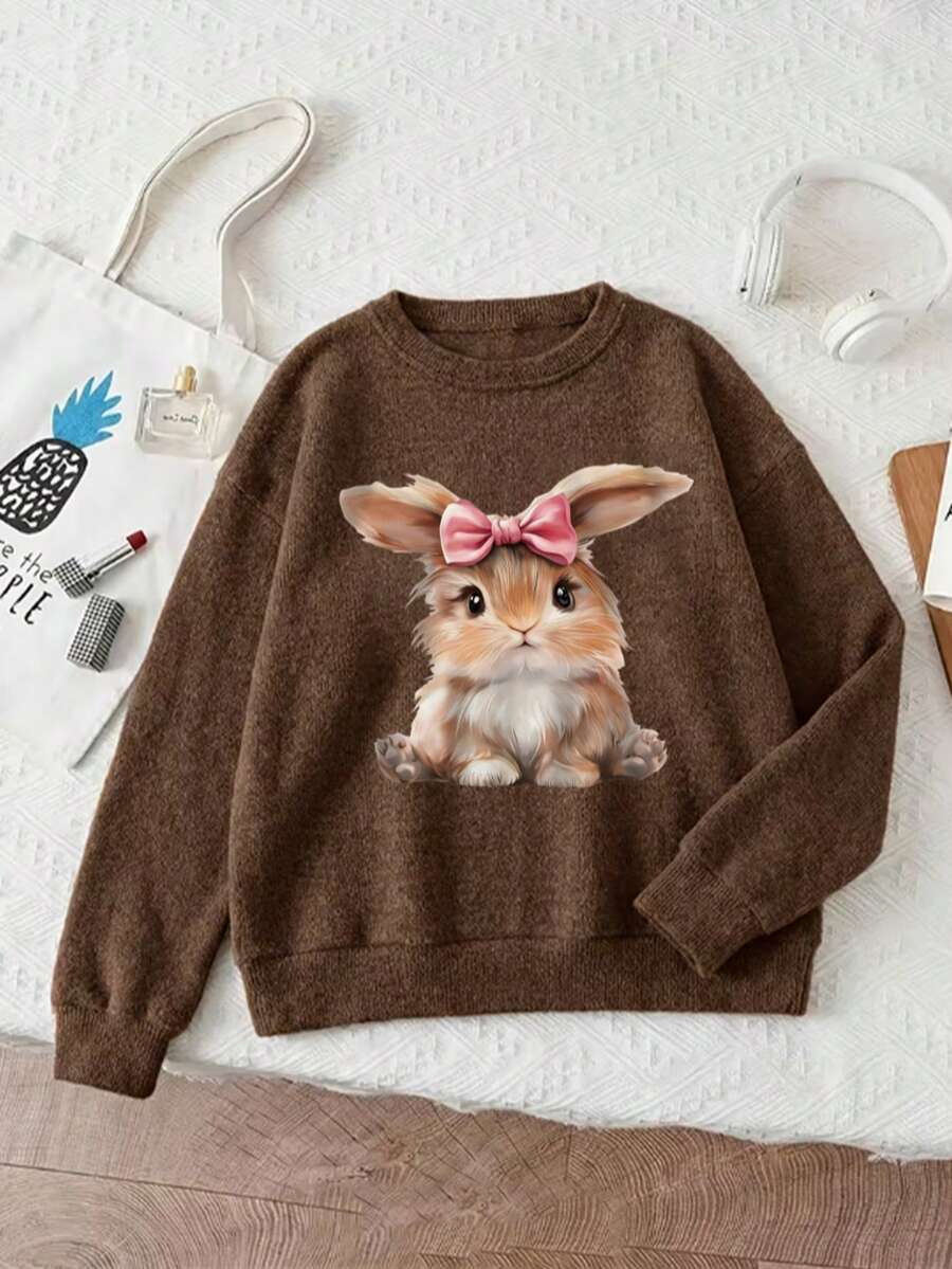 Women's Plus Size Pullover Sweater, Cute Rabbit Print, Brown Autumn Long Sleeve Crew Neck Top - Brown - View 1