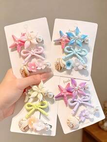 3pcs Women's Ocean Style Starfish & Shell Hair Clips, Pearl Flower Bow Side Clips, Beach Vacation Hair Accessories For Girls - Multicolor - View 7
