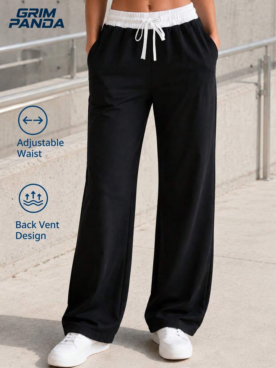 GRIM PANDA Women Fall Contrast White Waistband Wide Leg Pants Drawstring Elastic Waist Side Pockets Loose Fit Casual Daily Long Trousers For Sports - Black - View 1