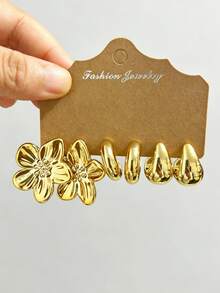 3-9 Pairs Elegant Creative Fashion Vintage Floral Water Drop Water Pipe Shaped Lightweight Earring Set, C-Shaped Earrings, CCB Gold Color Women's Earrings, Suitable For Women's Daily Wear - Gold - View 3