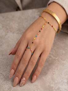 2pcsMulticolor Beaded Finger Linked Hand Chain & White Shell Inlaid Bangle Set, Bohemian Daily Outfit Jewelry Set - Gold - View 12