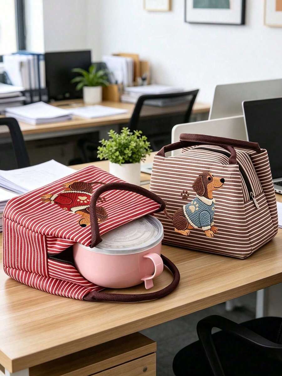 Cute Dachshund Striped Lunch Bag With Utensil Storage, 2D Flat Pattern, Portable Insulated Hot & Cold Lunch Bag, Handheld Lunch Bag, Multi-Functional Insulated Bag, Office Lunch Bag, Suitable For School, Picnic, Commute, Reusable, Waterproof Lunch Box, Back To School Essential, Unique Party Gift, Back To School Gift, New Job Gift, Birthday Gift - Multicolor - View 1